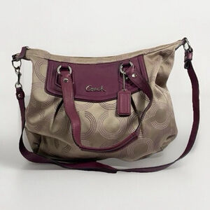 Coach 12941 Signature C Jacquard Satchel Beige Plum Leather Shoulder Bag